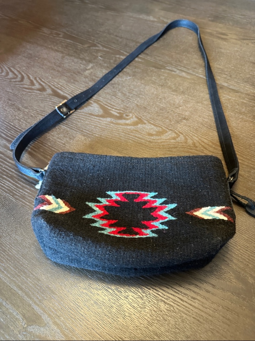 Black Southwestern Wool Crossbody Bag with Red & Turquoise Accent